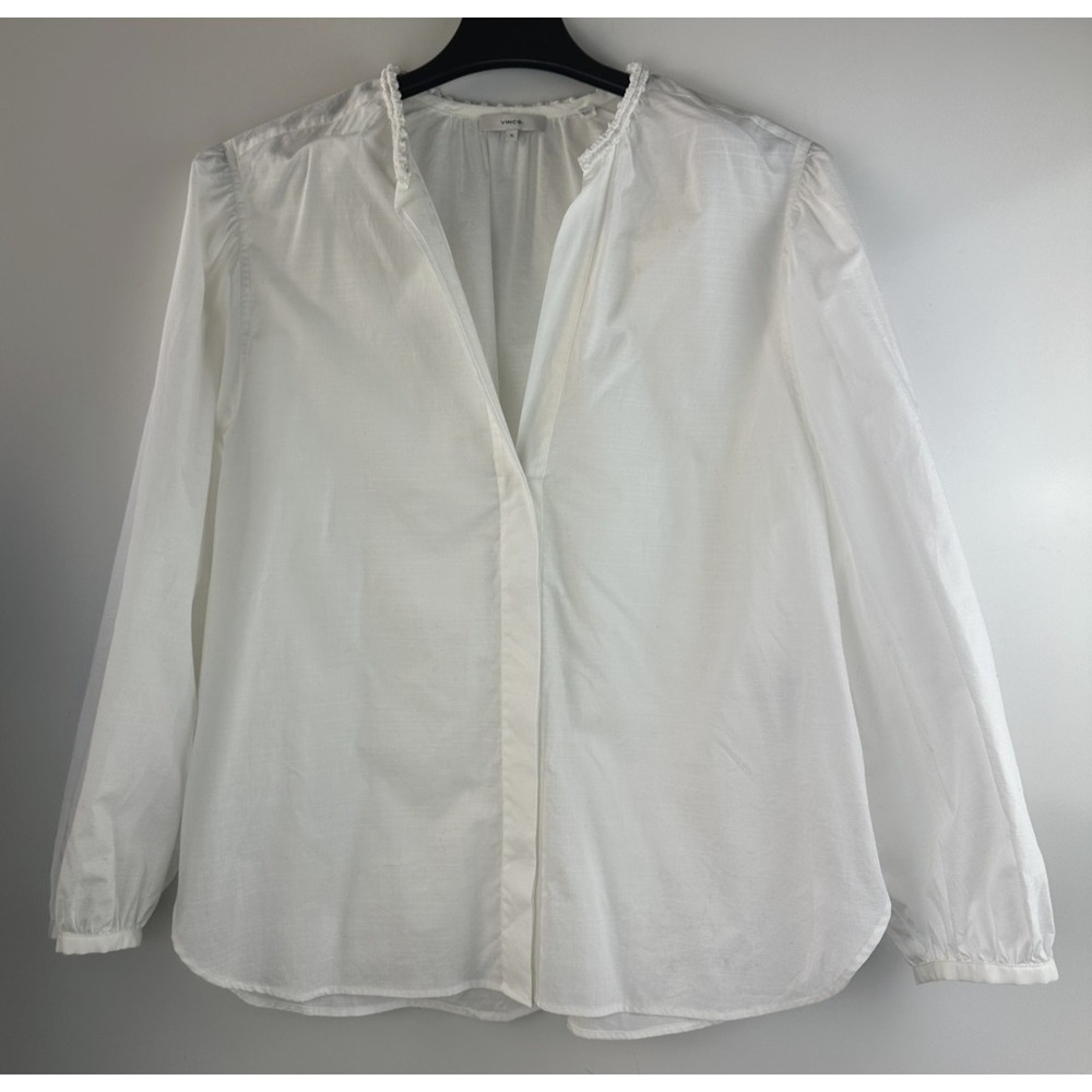 Vince Braid Trim Band Collar Blouse Button Top Deep V-Neck XL Minimalist Office - Picture 14 of 15
